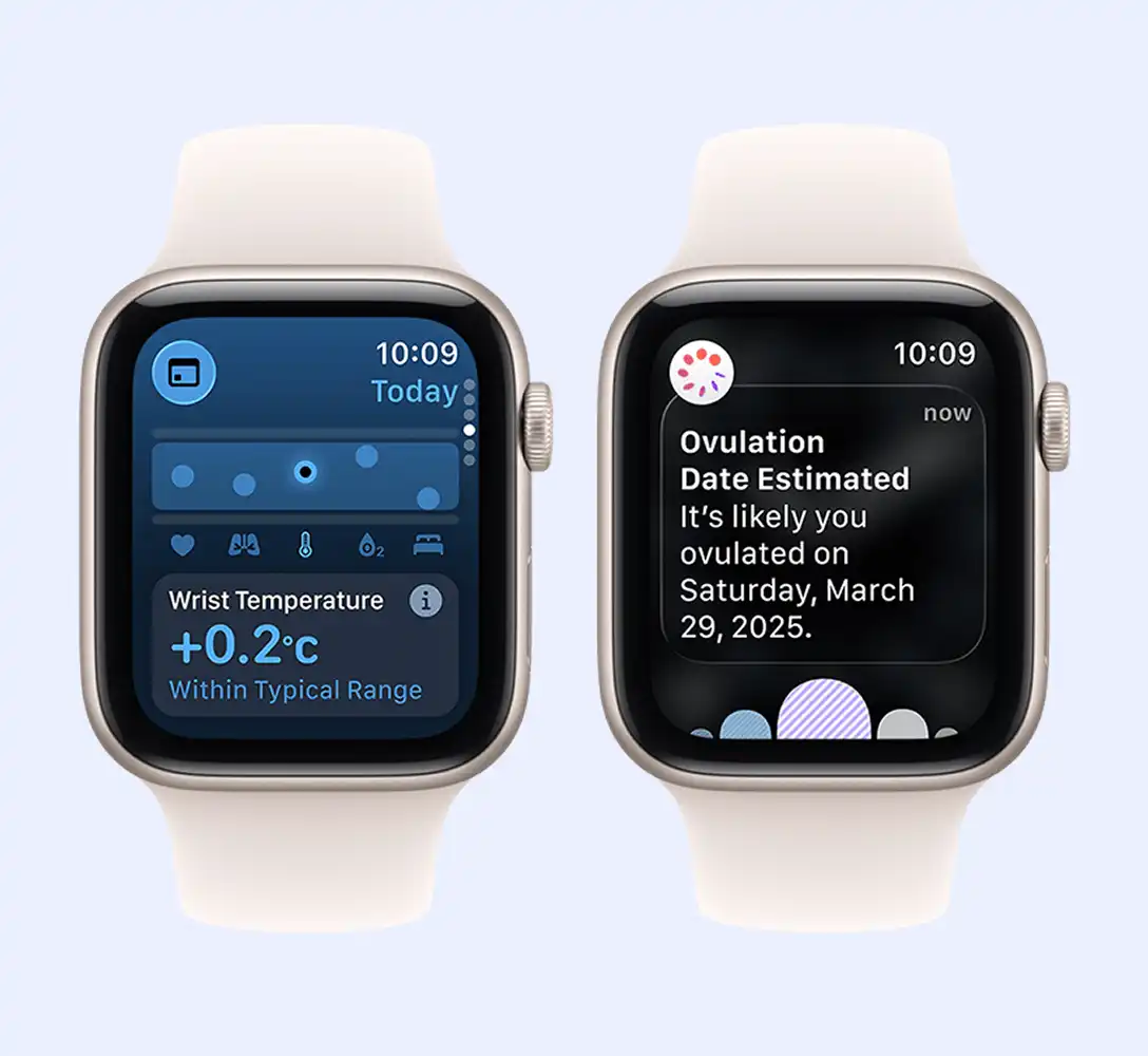Két Apple Watch kijelző. Egyiken a csuklóhőmérséklet-érzékelés látható, másikon pedig a peteérés­becsléseket mutatja.