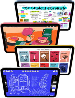 iPad-kijelzők
szemből, rajtuk különféle Apple- és App Store-alkalmazásokkal