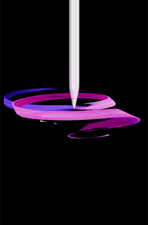 Fehér
Apple Pencil Pro, elölnézetben, álló tájolásban, oldalprofilból, amint lila és rózsaszín szalagokból álló absztrakt látványtervet
rajzol