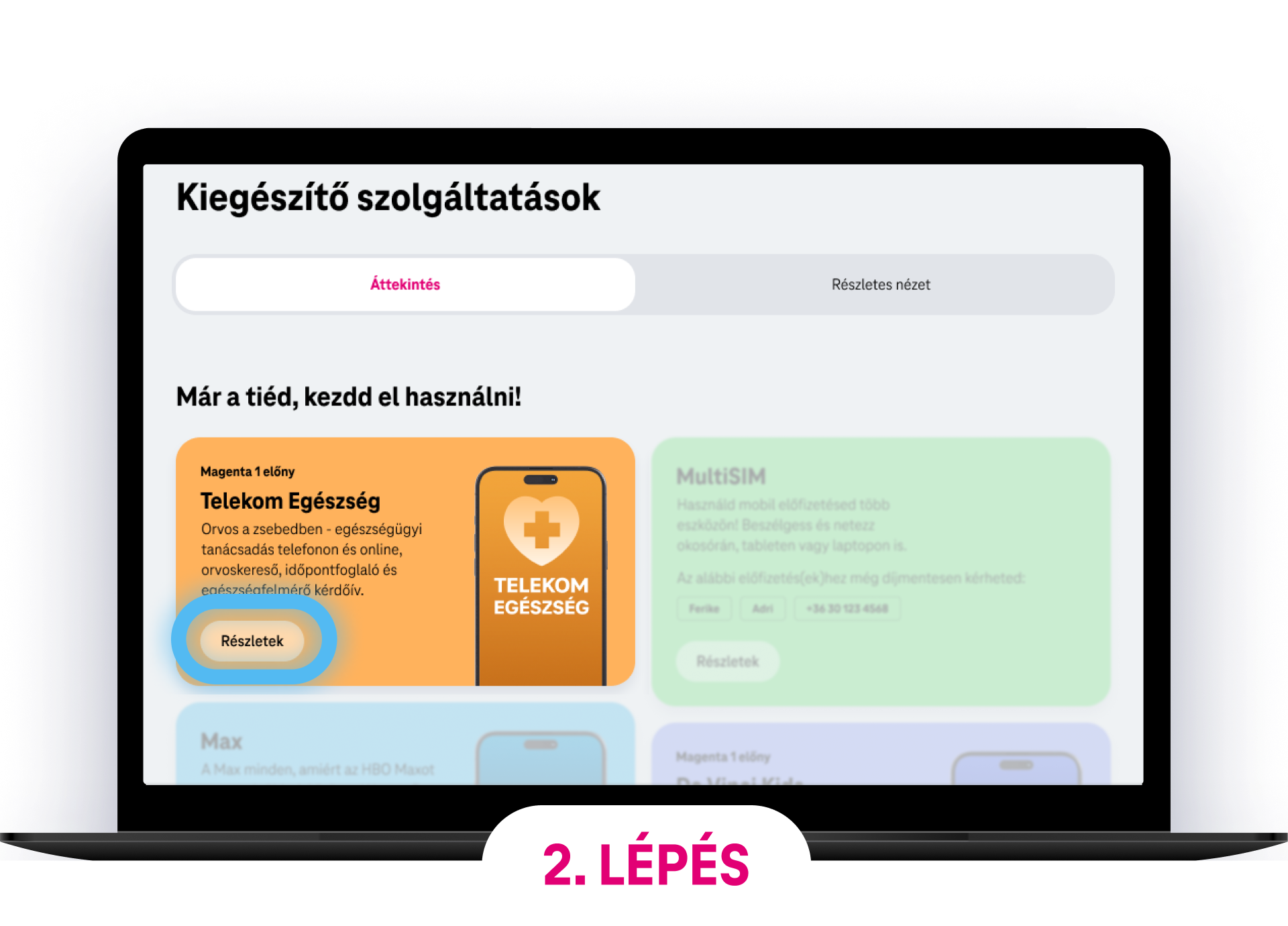 Telekom Egészség kiegészítő szolgáltatás kiválasztása a laptop képernyőjén, részletek megtekintéséhez.