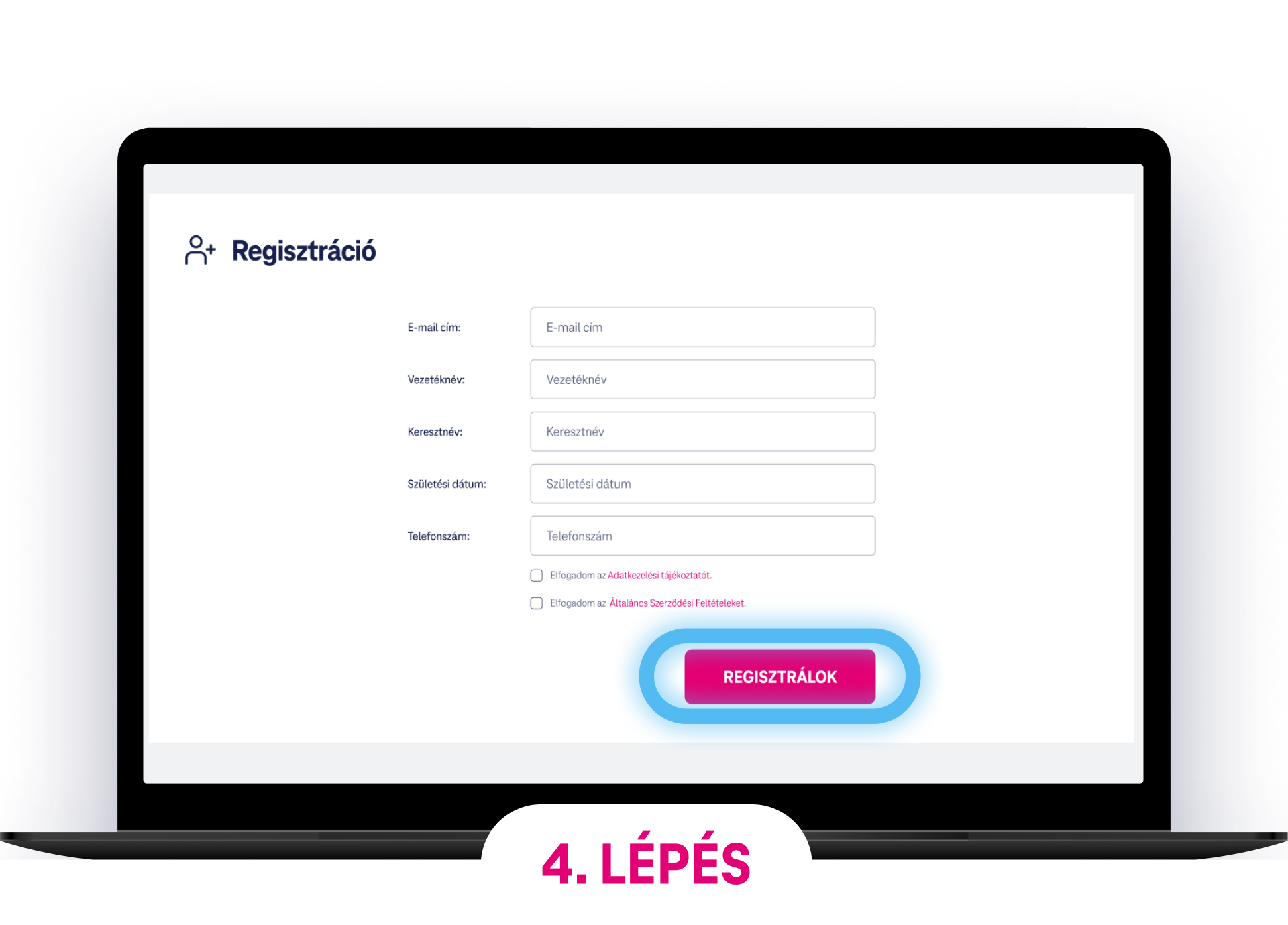 Regisztrációs űrlap, ahol a felhasználó megadhatja adatait a Telekom Egészség szolgáltatásra való regisztrációhoz.